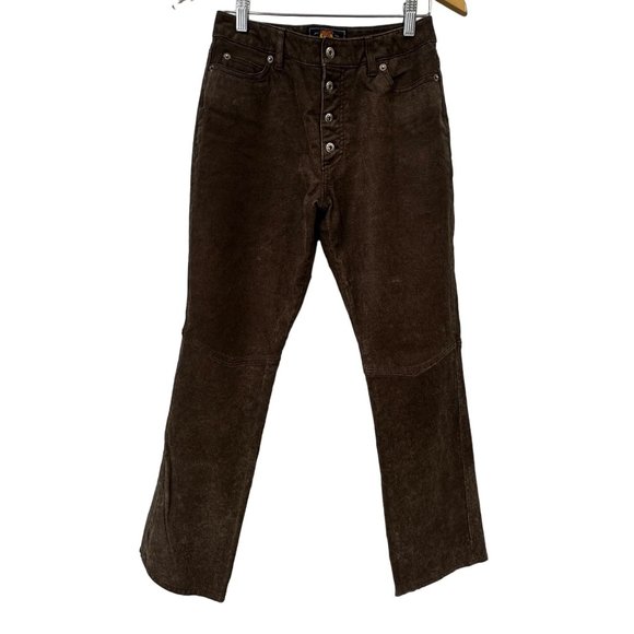 Y2K Route 66 Button Fly Genuine Leather Pants Womens 8 Brown Bootcut 5 Pockets - Picture 1 of 6